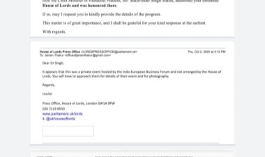 ब्रिटिश पार्लियामेंट द्वारा झूठे सर्टिफाइड होने वाले देश के पहले सीएम बने सुखविंदर सिंह सुक्खू :  सुक्खू सरकार द्वारा हाउस ऑफ़ लॉर्ड्स को संबोधित करने का दावा झूठा, हाउस  ऑफ़ लॉर्ड्स के ईमेल ने खोली पोल  : जयराम ठाकुर